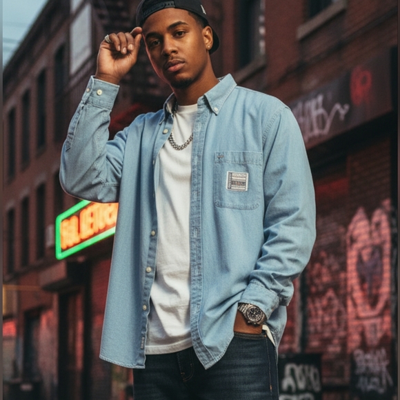 Vintage 90's Y2K Nautica Blue Chambray‎ Button Down Shirt Relaxed Men's XL Tupac - Picture 1 of 16